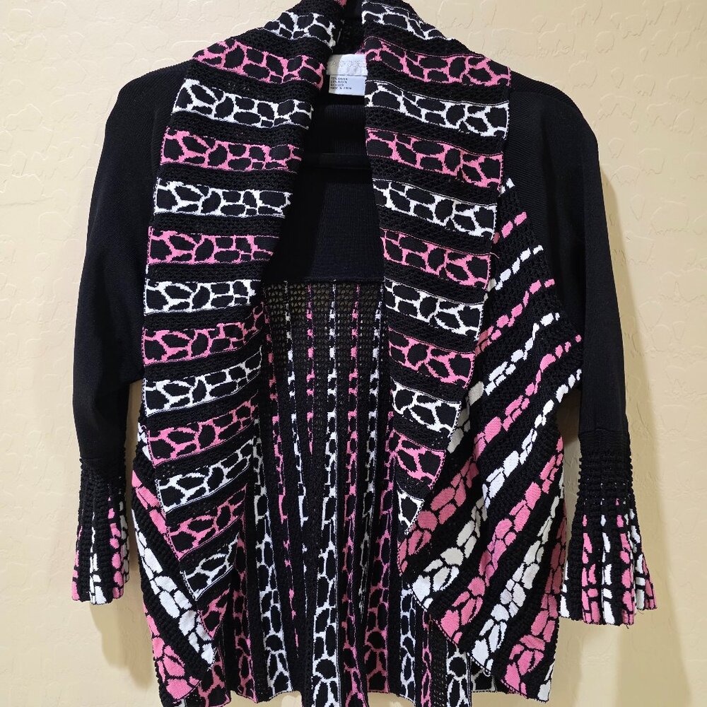 Vintage Retro Stretchy Black Pink White Stripe Crochet Shrug Jacket Sweater Coat